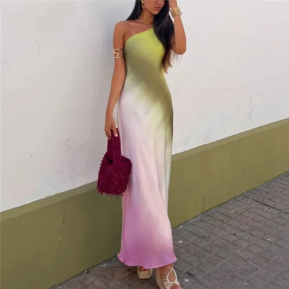 Tie Dye Long Dress Women Asymmertic Satin Backless Dress Woman off Shoulder Sexy Evening Party Dresses Midi Summer Dresses