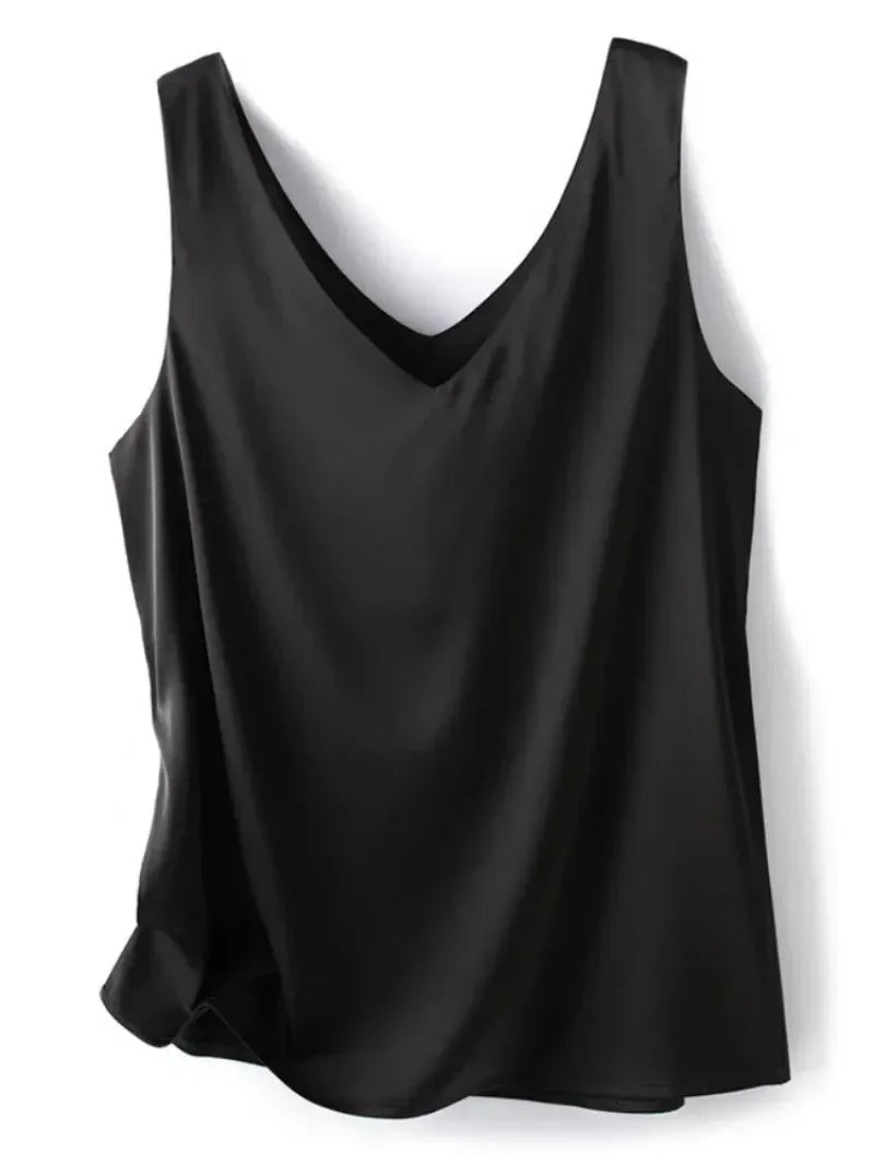 Woman T-Shirts Elegant SILK Satin Blouse Sleeveless Female Summer Casual Loose Tanks and Camis Solid Green Tops for Women