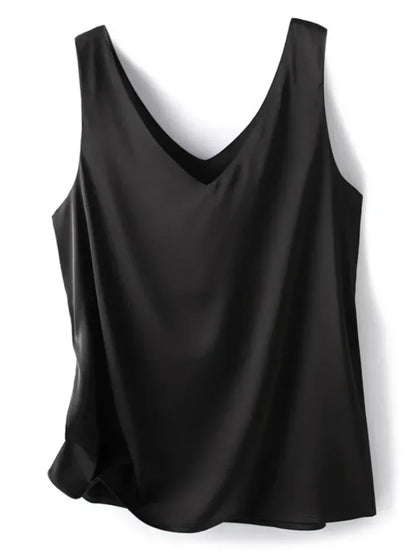 Woman T-Shirts Elegant SILK Satin Blouse Sleeveless Female Summer Casual Loose Tanks and Camis Solid Green Tops for Women