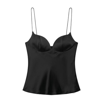 New Summer Satin Textured Black Sling Tops Women Elegant V-Neck Backless Tops Shirt Women Sexy Tops Club Party Tanks