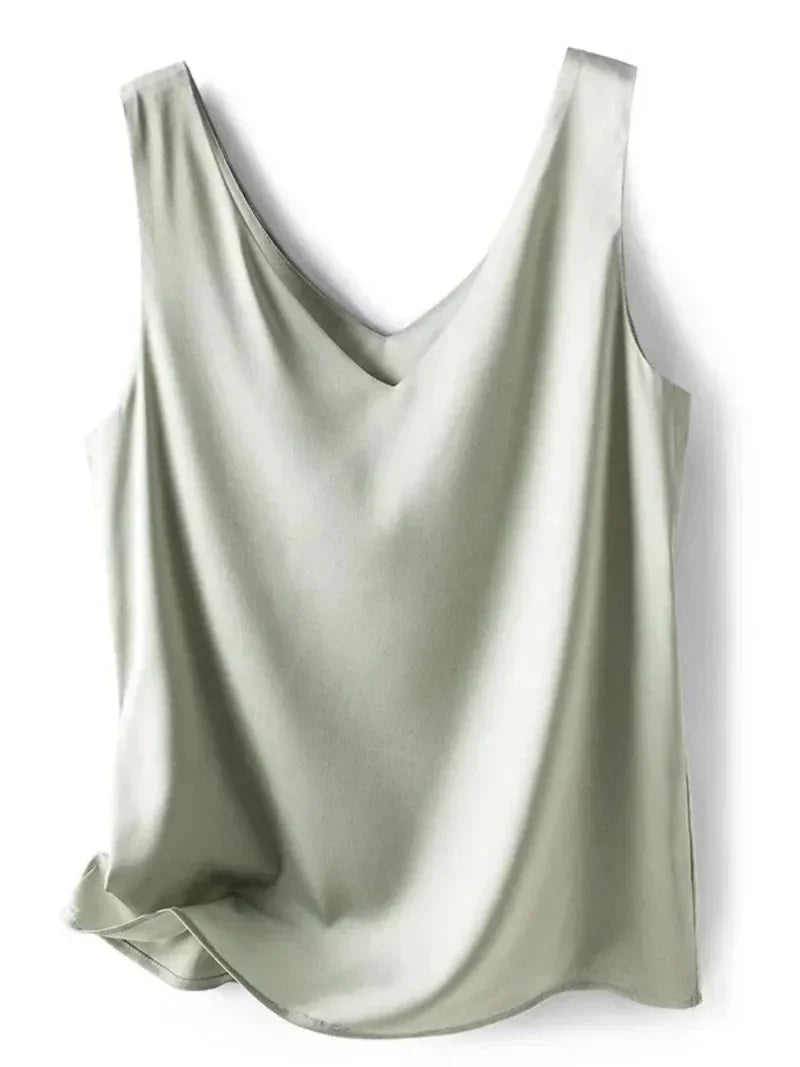 Woman T-Shirts Elegant SILK Satin Blouse Sleeveless Female Summer Casual Loose Tanks and Camis Solid Green Tops for Women