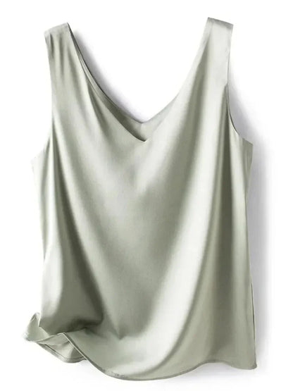 Woman T-Shirts Elegant SILK Satin Blouse Sleeveless Female Summer Casual Loose Tanks and Camis Solid Green Tops for Women