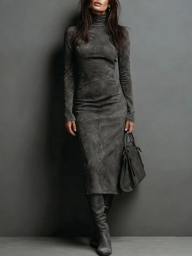 Seraphina | High Neck Long Sleeve Suede Midi Dress