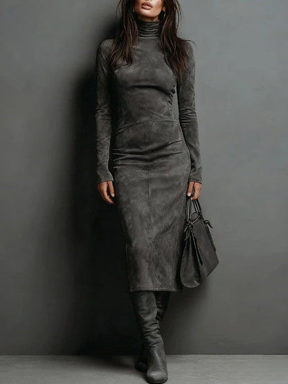 Seraphina | High Neck Long Sleeve Suede Midi Dress