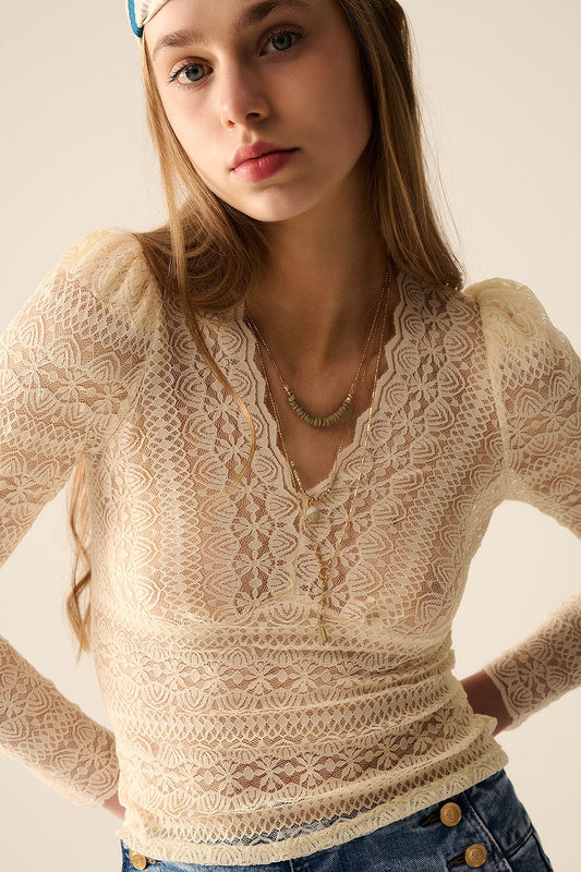 Romantic V-Neck Lace Top – Beige